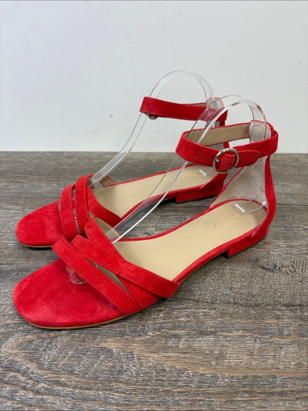 Ann Taylor Red Suede Leather Ankle Strap Flat Sandals Women’s Size 8M